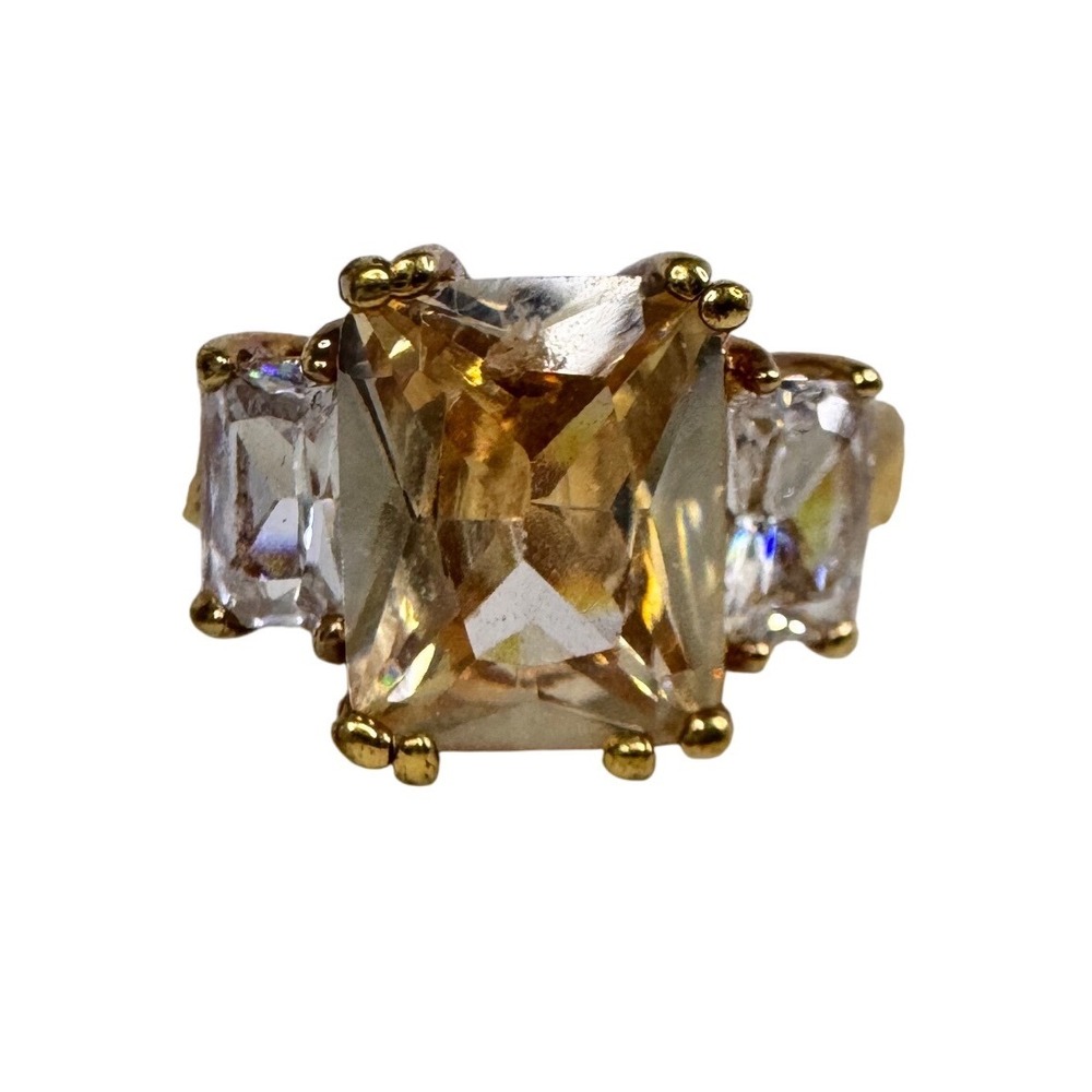 Gold Tone Champagne Emerald Cut Cubic Zirconia Three Stone Statement Ring Size 9